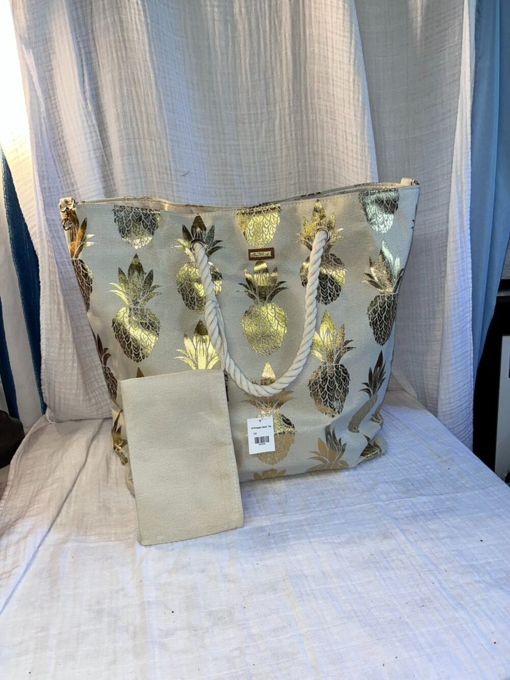 NWT Sun N' Sand Large Canvas Beach Tote Bag ~ Rope Handles & Extra Zippered Bag